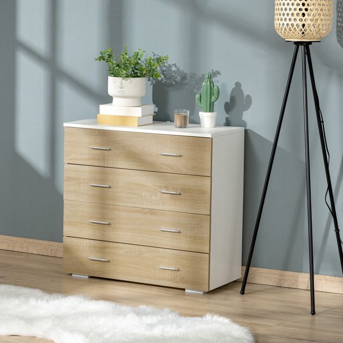 Commode 4 Tiroirs HOMCOM - 60x39x91,5 Cm, Finition Chêne - Pieds En Acier, Coins Arrondis - Pour Chambre, Salon