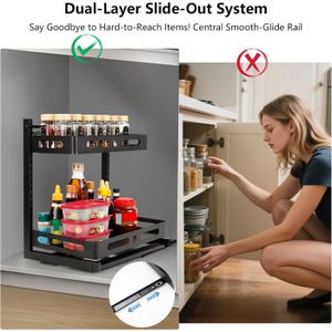Étagère Extensible Placard Cuisine 32-53 Cm - 3 Hauteurs Réglables - Organisateur Comptoir Robuste Noir