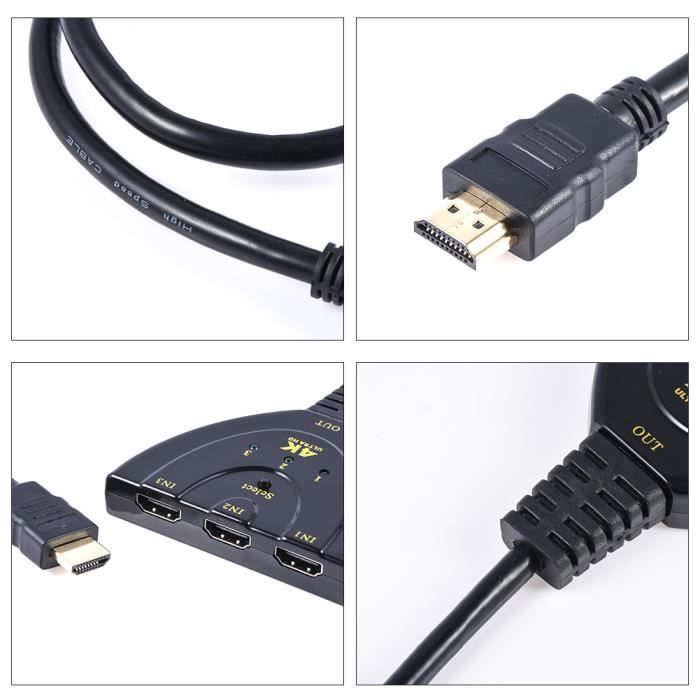 Commutateur HDMI, commutateur HDMI 3 ports plaqué or, répartiteur, prend en  charge le lecteur 3D Full HD 4K 1080p, TV HD, LCD, PC, projecteur,  commutation automatique vers n'importe quel périphérique d'entrée HDMI