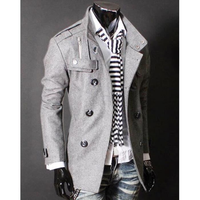 Manteau long hiver homme Caban long homme chaud Gris en laine Col