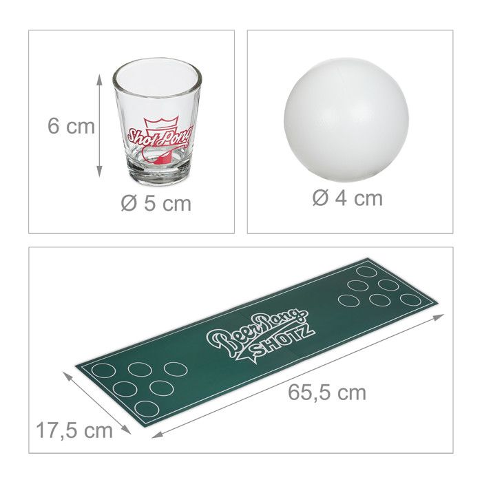 Relaxdays Set Beer Pong – Tapis 65,5x17,5 Cm, 12 Verres 50 Ml, 2 Balles – Jeu à Boire Adultes
