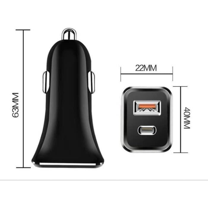 Chargeur De Voiture UsbC Double Adaptateur Usb Avec Port Pd 20 W Qc3.0 Rapide Et Affichage