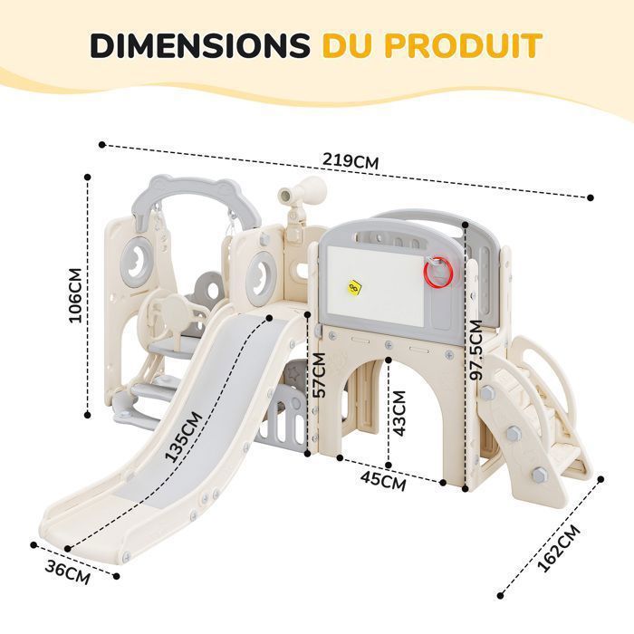 Toboggan et balançoire pour enfants 4 en 1 avec panier de basket et