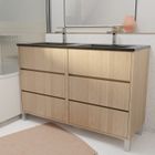 AURLANE Meuble de salle de bains 120 cm 6 Tiroirs Chêne Clair + Vasque Double Céramique Noire - XENOS