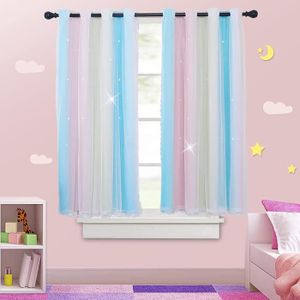 2 Pièces L 132 x H 160 cm NICETOWN Rideaux Enfants avec Voilage Arc-en-Ciel Clair Double Couches Motif Etoiles Perforées Arc en Ciel de Couleurs Draperies avec Blanc Voile 