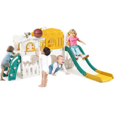 Toboggan 8 En 1 Pour Enfant – Structure D'escalade Avec Panier, Tunnel, Télescope Et Volant, Intérieur/extérieur Panier Basket Tunnel