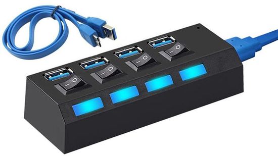 Hub USB 2.0 4 Ports Avec Interrupteurs ON/OFF Et LED Bleu - Câble 40cm, Garantie 2 Ans
