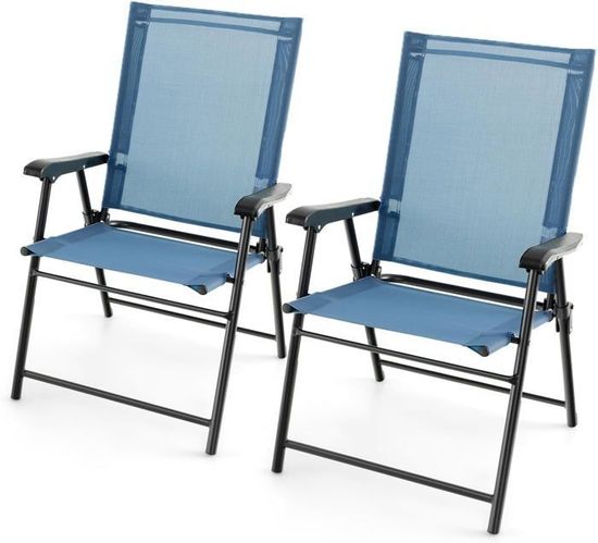 Chaises Jardin Pliantes GOPLUS - Lot De 2 Avec Accoudoirs - Tissu Respirant Bleu - Portatives 4kg