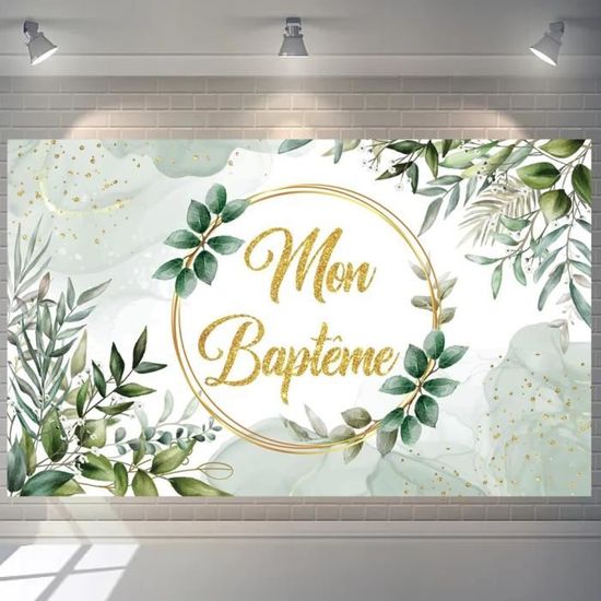 Banderole Bannière De Baptême "Mon Baptême" - Décoration Verte Et Dorée Pour Fille Et Garçon