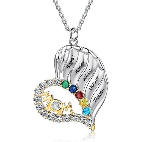 Collier Coeur Mère Mom Femme en 925 Sterling Argent Or avec 3 Pierre de