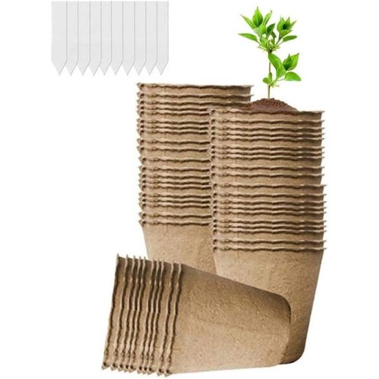 100 Pots De Culture Biodégradables 8cm Carrés + 100 Étiquettes + 2 Outils Repiquage - Idéal Semis Fleurs Légumes