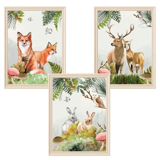 3 Affiches à encadrer pour chambre d'enfant Renard cerf blaireau 3 Affiches à encadrer pour chambre d'enfant Renard cerf blaireau