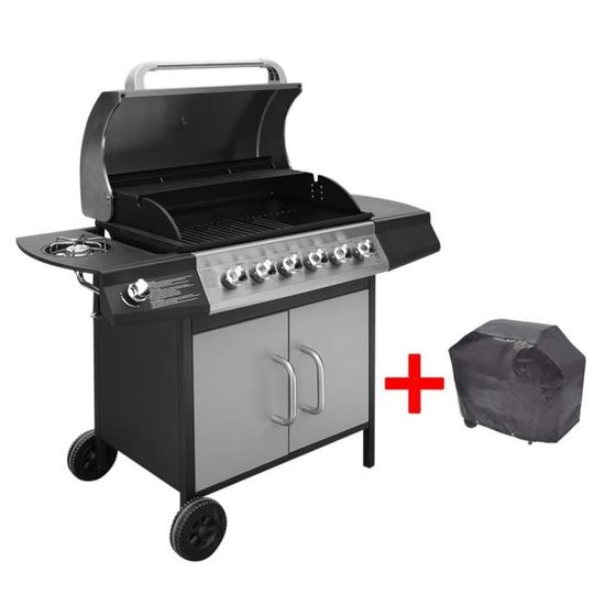🌊9876 Barbecue à gaz pour Jardin Terrasses BBQ Brasero Ménager - 6 + 1 zone de cuisson Noir et argenté