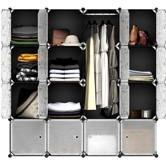 Armoire de Chambre Rangement 16 cubes, Armoire Plastique DIY, 1 Tige
