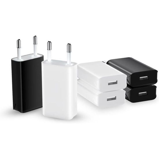 Lot De 6 Chargeurs USB Mural 5V/1A - Prise Secteur Compacte - Pour Téléphones, Tablettes - Noir Et Blanc - Charge Rapide Et Sécurisée