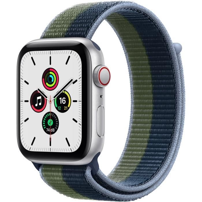Apple Watch SE GPS + Cellular 2021 - 44mm - Boitier Silver Aluminium - Bracelet Abyss Blue/Moss Green Sport Loop