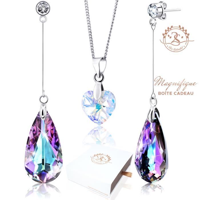 2SPLENDID® Boucles d'Oreilles & Collier avec Cristaux Swarovski Baignés dans l'OR Blanc. Boîte cadeau offerte. Cadeau Noël