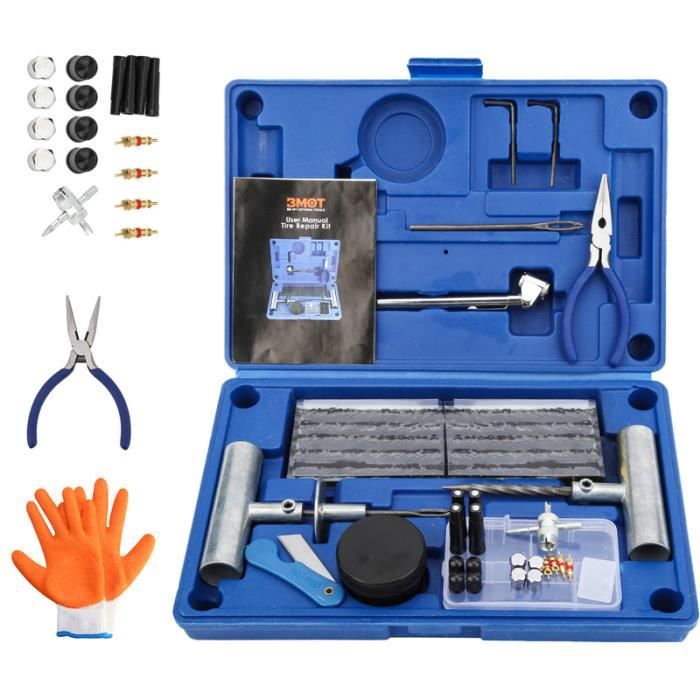 BMOT Mèche Pneu Crevaison 73Pcs, Kit de Réparation Pneu Bleu, pour Voitures, Moto,Tracteur, Jeep,VTT, Camion, Gants