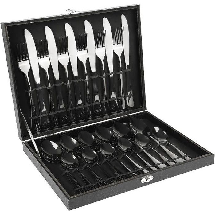 Ménagère Noir 24 pièces pour 6 personnes , Couverts de Table - Fourchette Couteau Cuillère