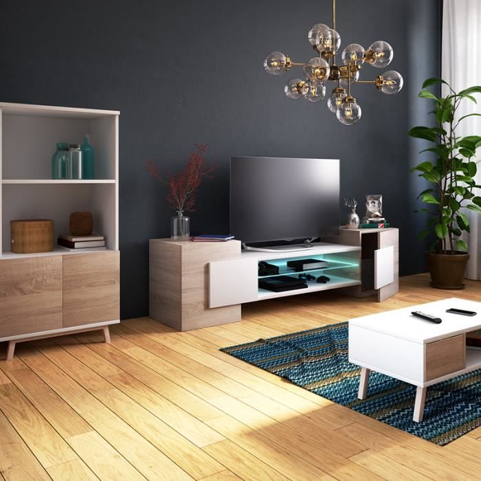 Meuble TV / Meuble de salon - GAELIN - 160 cm - effet chêne / blanc - avec LED - style contemporain - design moderne