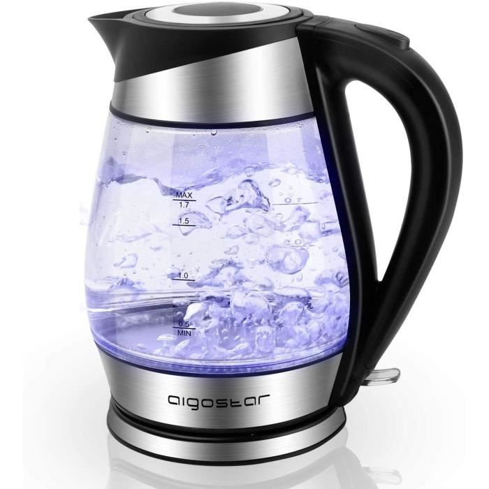 Bouilloire à ébullition rapide et illumination LED bleu, 1,7 litres, 2200W. Arrêt automatique, protection anti-ébullition à vide.