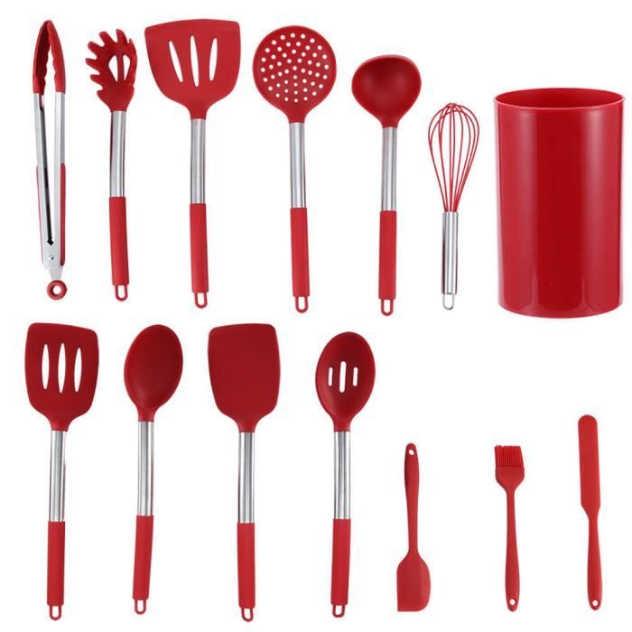 Outils de cuisine 14Pcs Kit d'Ustensiles de Cuisine en Silicone Rouge Ustensiles Antiadhésifs avec Boîte de Rangement pour Cuisine