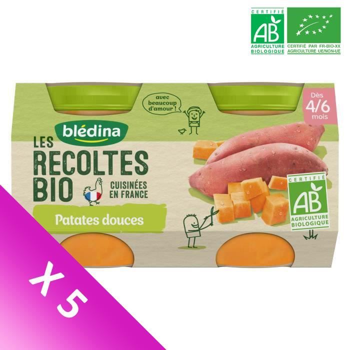 Blédina Les Récoltes Bio, Petits pots pour bébé bio - Dès 4/6 mois - Patates Douces - Lot de 5 x 260 g