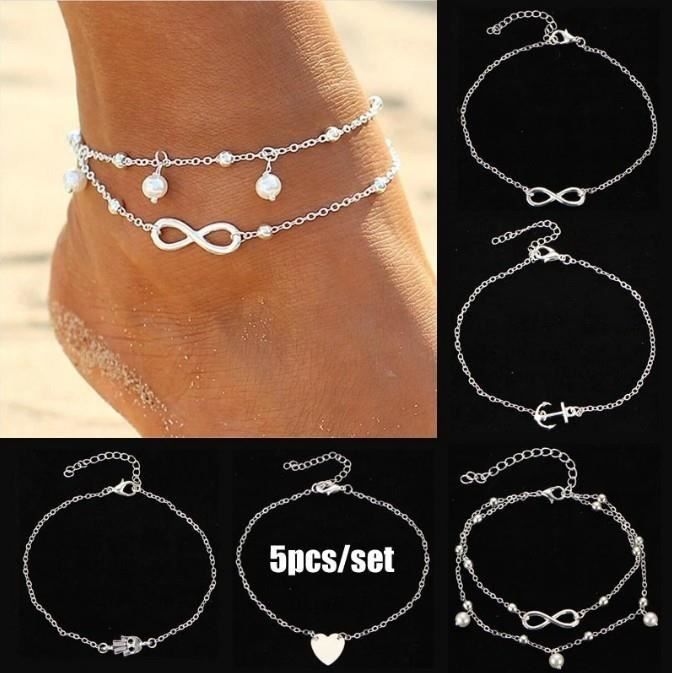 Chaine de Cheville Lot de 5 Infini et Perles Coeur Argenté Blanc
