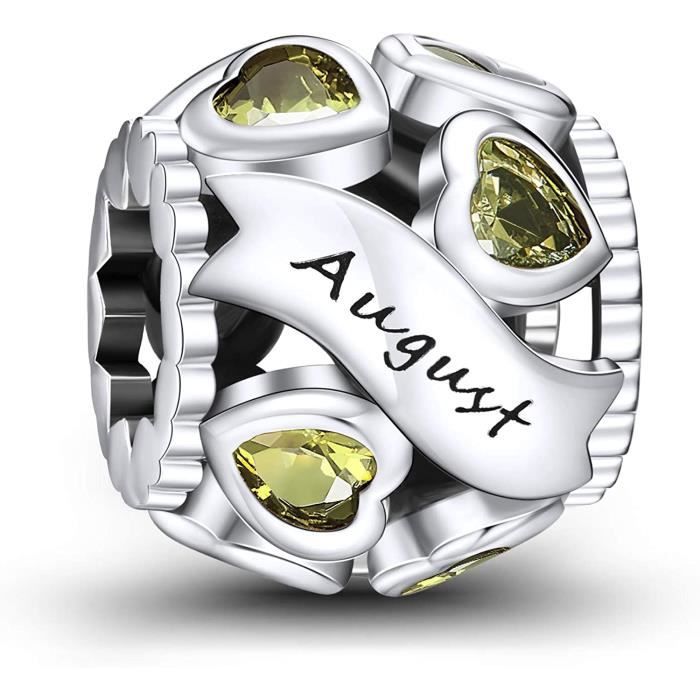 NINGAN Août Pierres de Naissance Amour Coeur Charmes Ajouré Perle s'adapte aux Bracelets et Colliers Pandora pour Femmes