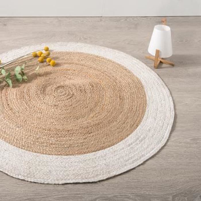 Tapis rond en jute coloris blanc et naturel - Diamètre : 120 cm