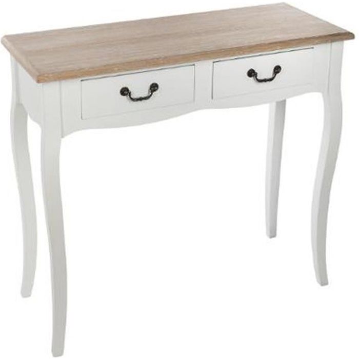 Console en bois avec 2 tiroirs, coloris blanc-chêne - Dim : L.87 x l.34 x H.78 cm