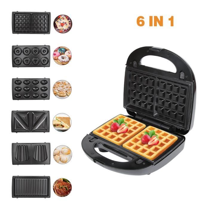 Appareil à croque 6 EN 1 750W Appareil à Sandwich:Gaufrier, Sandwich,grill,Beignets,Madeleine,Gateau aux noix,antiadhésives amovible