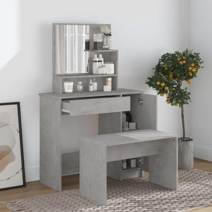 ensemble coiffeuse gris béton - table de maquillage - tabouret - rangements tiroir placard - meuble moderne - chambre