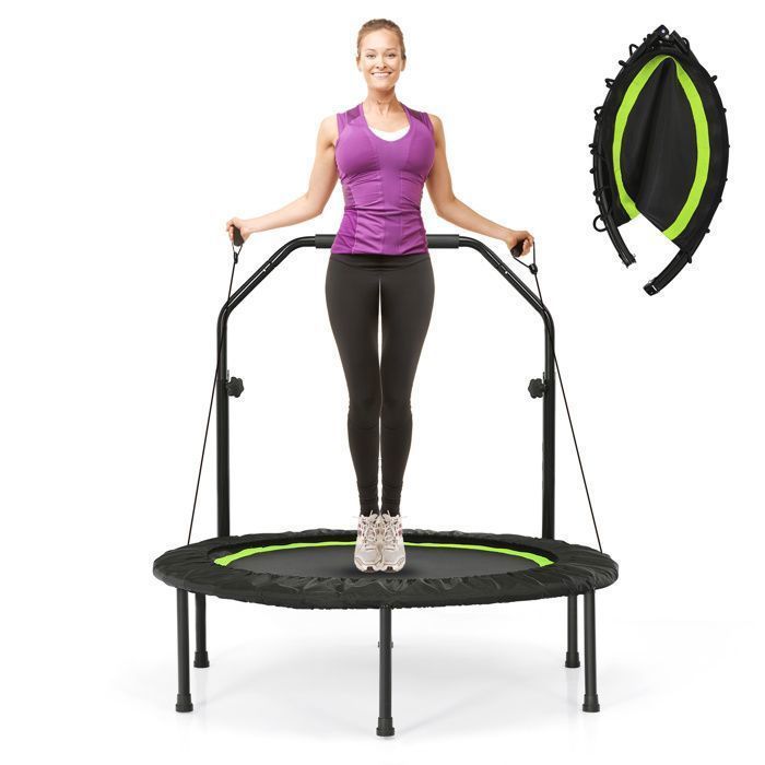 Trampoline de Fitness COSTWAY-D. 101cm-Main Courante Réglable-2 Bandes de Résistance-Charge 150 kg-6 Pieds-Intérieur/Extérieur-Vert