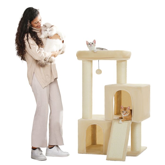 Comparer les prix de PAWZ Road Grand Arbre a Chat, Arbre à Chat avec Poteaux XXL 11 cm en Sisal, Double Condos & Perchoir de 52*54 cm, 114 cm Beige
