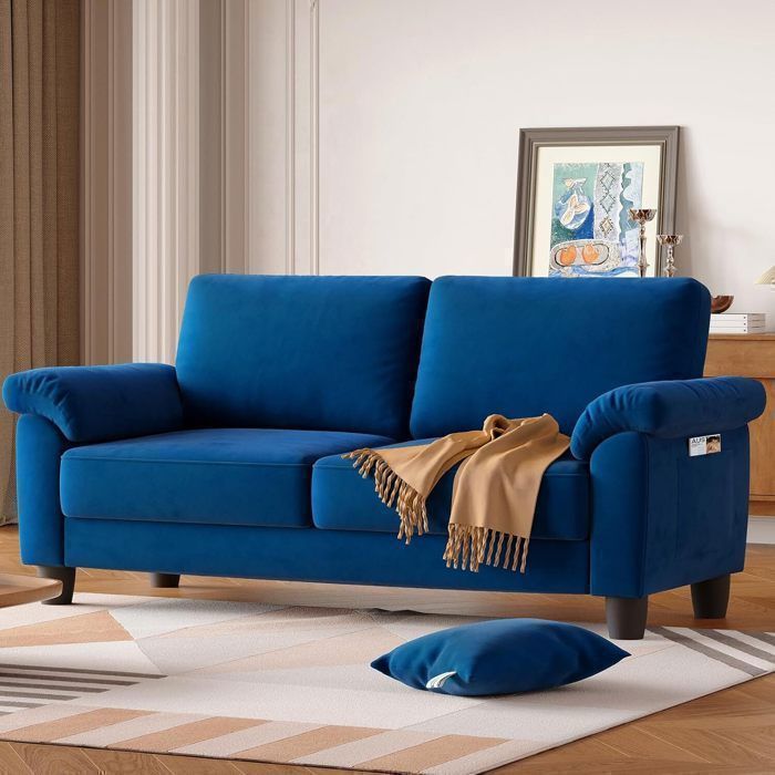 Canapé Droit 2 Places en Velours Bleu pour SalonChambreContemporain Fauteuil Scandinave avec 2 Coussins178x76x87cm