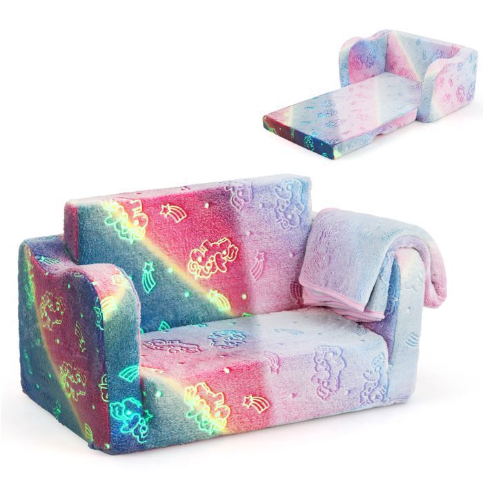 DREAMADE Canapé avec Couverture Enfants Canapé Pliable 2 en 1 Convertible Brille dans le Noir Fauteuil Confortable Rose