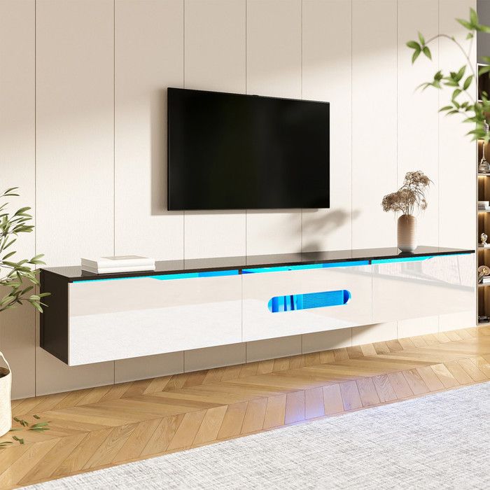 Meuble TV Suspendu 180x35x30cm avec éClairage Led 16 Couleurs Meuble TV Mural avec Rangement Meuble Tele Noir + Blanc