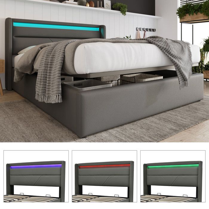 Lit coffre 140x200 cm - Design LED - Tête de lit en PU - Grand espace de rangement - 2 places