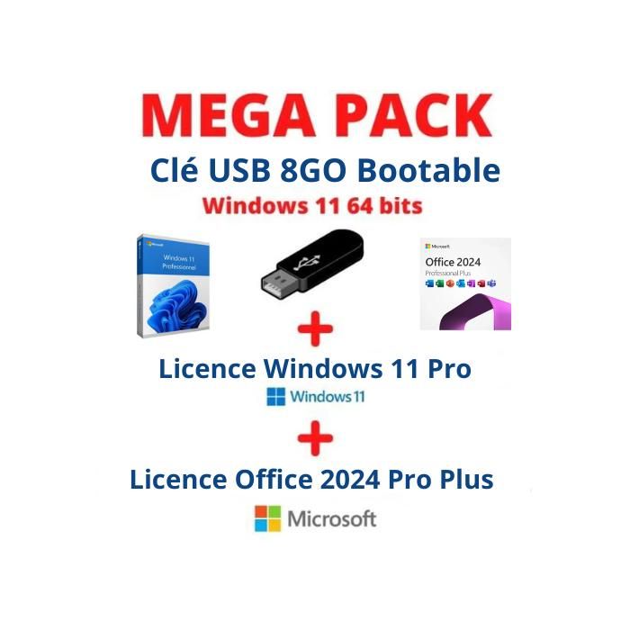 PACK WINDOWS 11 SUR CLE USB BOOTABLE + LICENCE WINDOWS 11 PRO + LICENCE OFFICE 2024 PRO PLUS