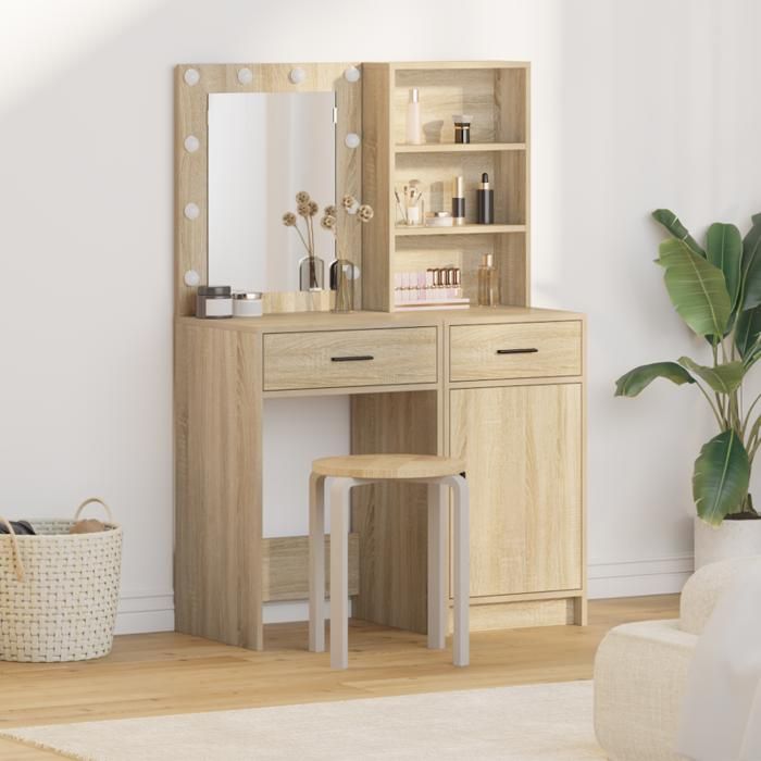 Set de coiffeuse 2 pièces avec LED en chêne sonoma en bois d ingénierie