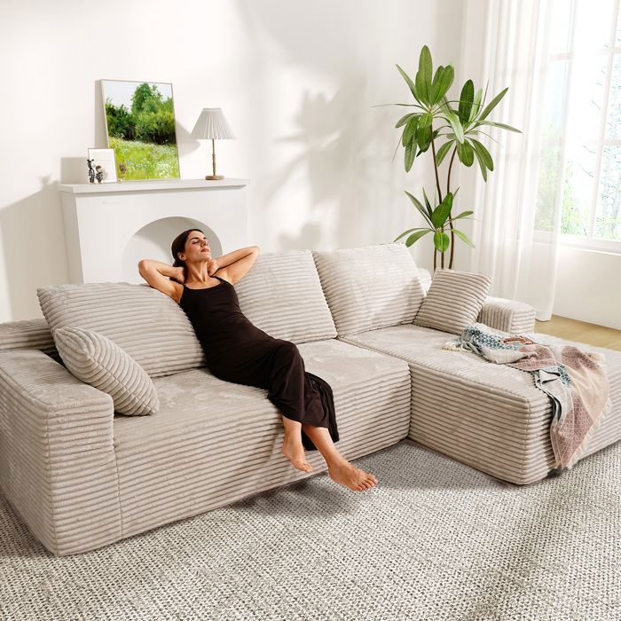 Canapé dangle droit Canapé Compressé 263x171x 59cm combinaison librecanapé en L 4 places avec méridienne beige en Velours cotelé