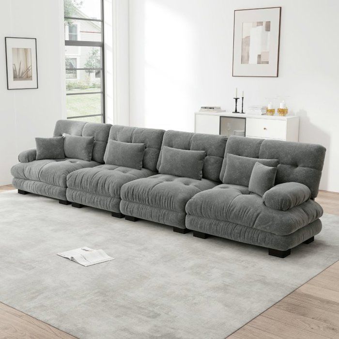 Canapé dangle modulable - LANGTU - 4 places - Assise profonde - Convertible en canapé‑lit - Revêtement chenille gris