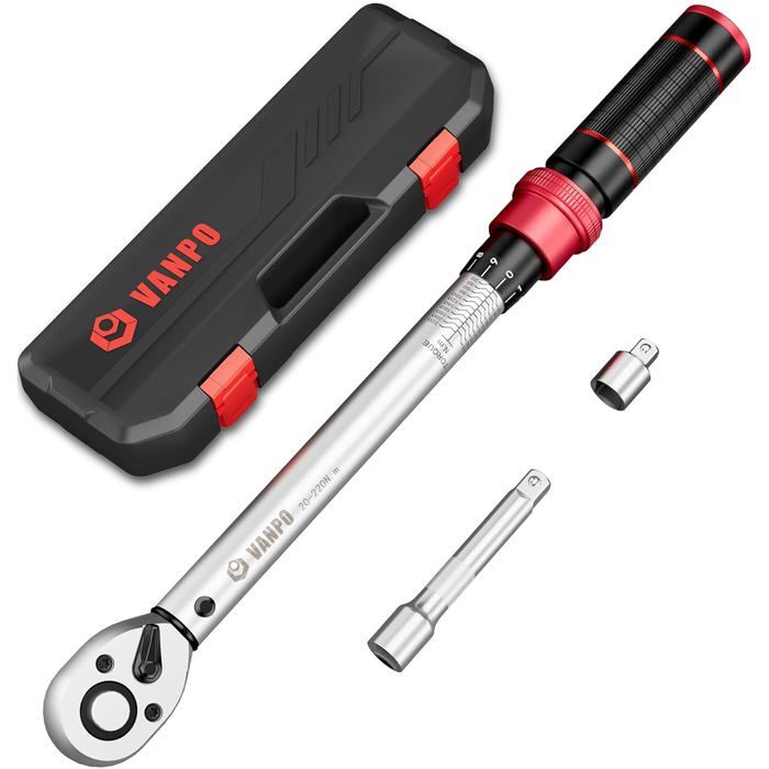 Clé Dynamométrique VANPO 1/2 20-220NM Kit avec Rallonges et Adaptateur