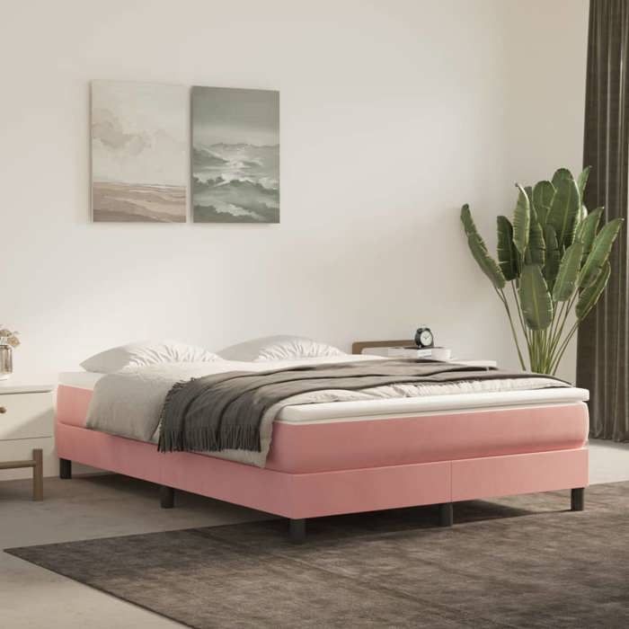Lit à sommier avec matelas - vidaXL - 140x190 cm - Rose - Velours - Matelas à ressorts ensachés - Support moyen-dur