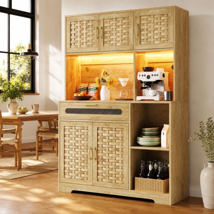 Buffet de cuisine LED meuble haute rangement ouvert salon et à la salle à manger 1 tiroir 120×40×180 cm naturelle
