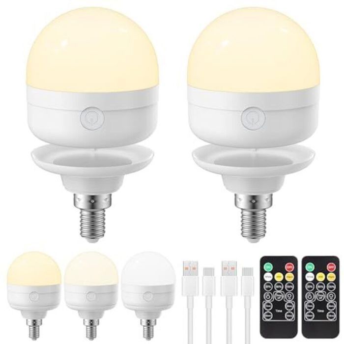 Ampoule rechargeable USB-C avec télécommande 3 couleurs culot E14 intensité variable alimentée par piles 6 W