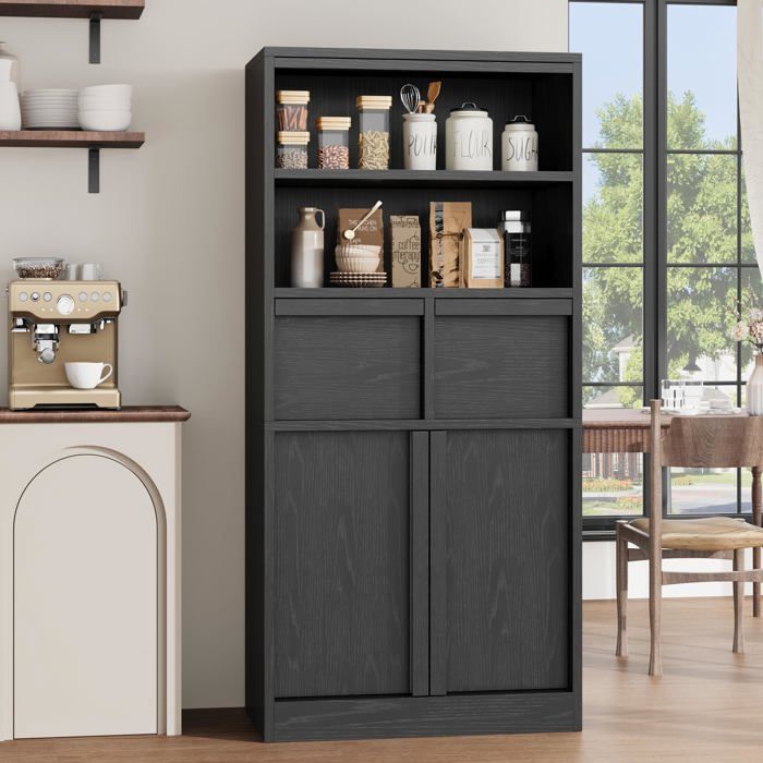 Armoire de salle de bain haute - LUNSY - 60x30x129 cm - Noir - Étagères ouvertes - 2 tiroirs - Placard fermé