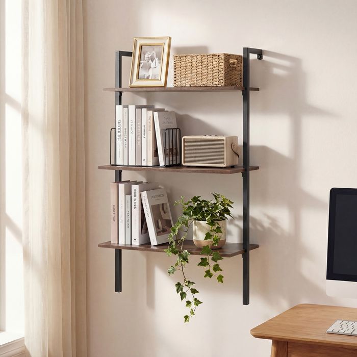 Étagère Échelle Murale à 3 Niveaux COSTWAY Cadre Métal 535 x 295 x 96cm pour Salon Cuisine Salle de Bain Bureau Marron rustique