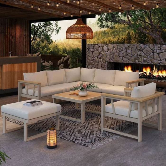 Salon bas de jardin spacieux 7 places pour terrasse acier galvanisé accoudoirs WPC et coussins beige confortables